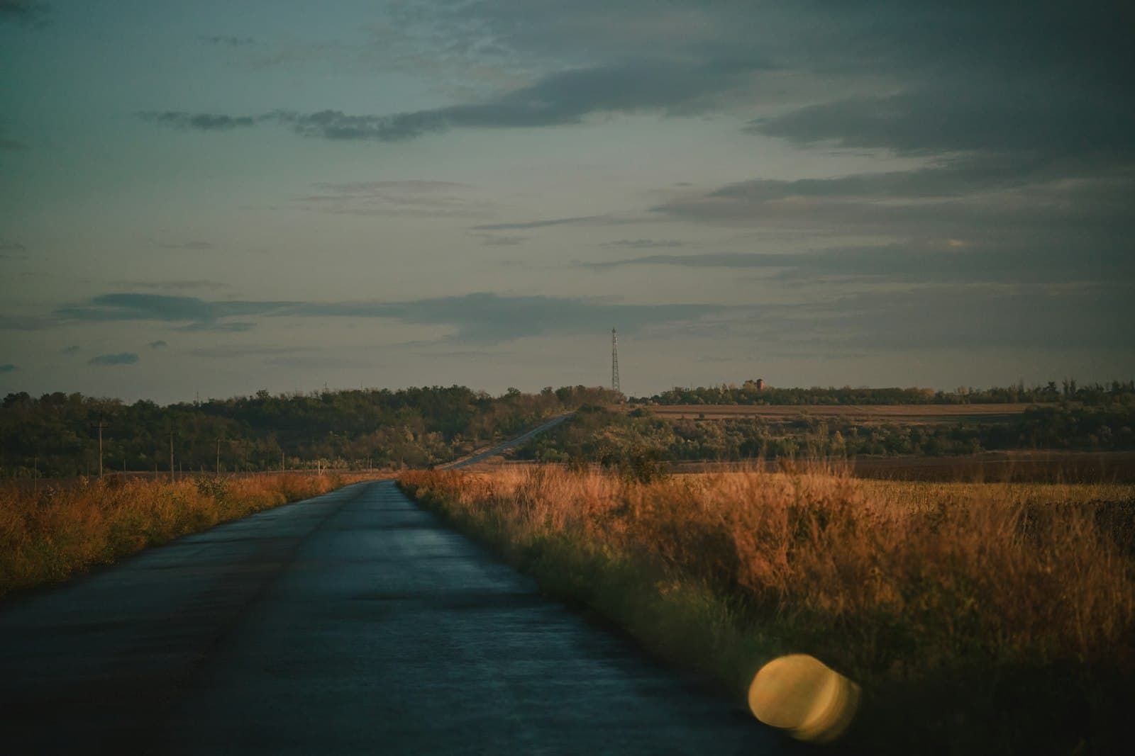 A lonely road through dry grassy fields at dusk